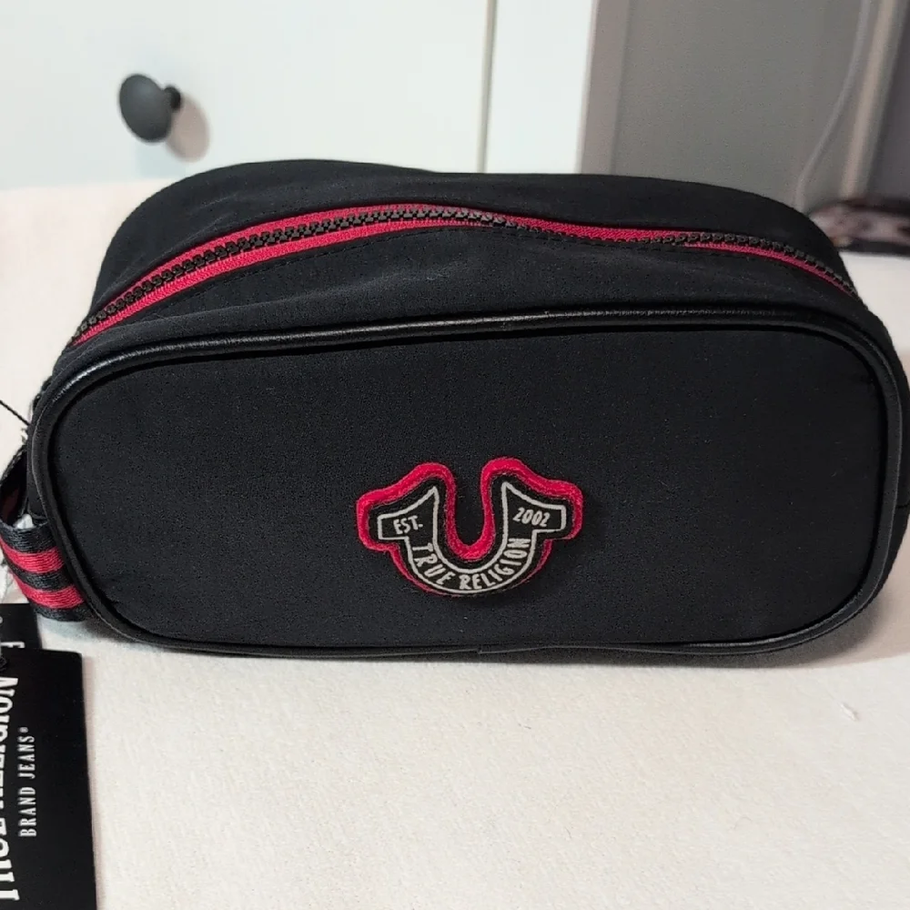 True Religion Black and Red Toiletry Bag with Logo